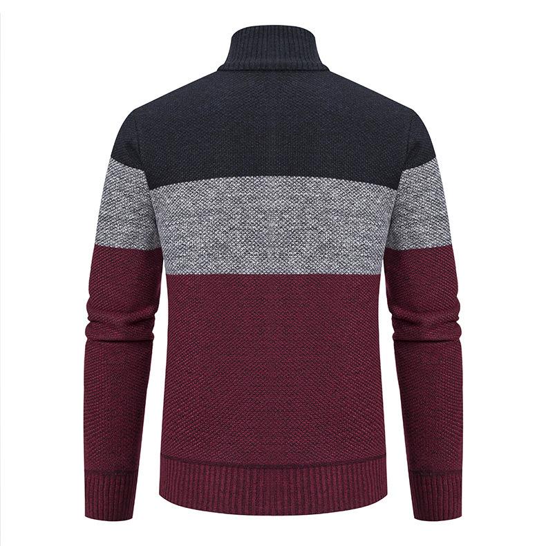 Men's Color Block Velvet-Lined Knit Cardigan with Stand Collar for Fall/Winter