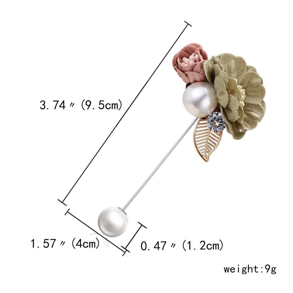 Cloth Art Fabric Double Blooming Flower Brooch For Women Men Dainty Imitation Pearl Leaf Floral Long Needle Pins Wedding Jewelry