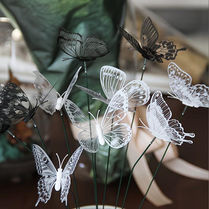 New 10/30pcs 3D Black White Faux Butterfly Garden Stake Flower Vase Decoration Outdoor Garden Patio Decoration Party Decoration
