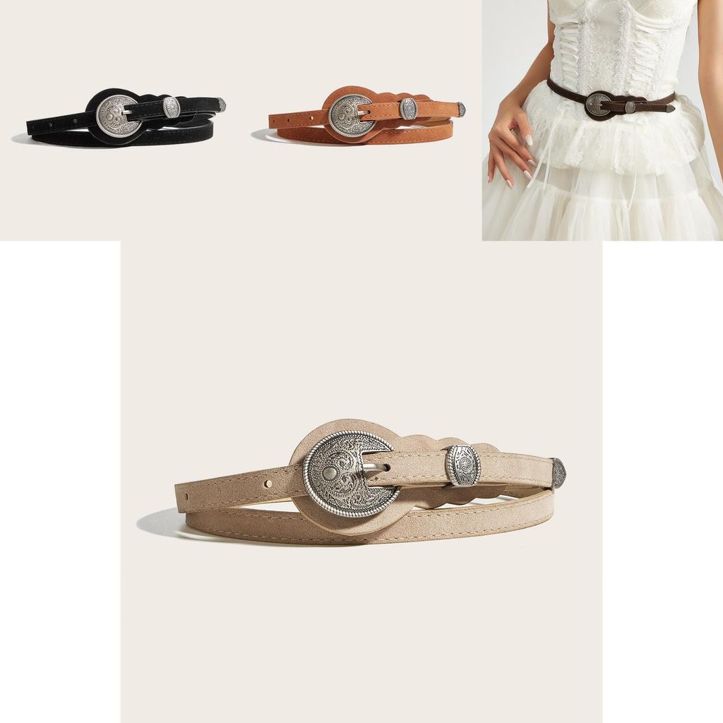Ethnic Style Solid Color Oval Metal Buckle Decoration Suede Women Casual Belt For Retro Style