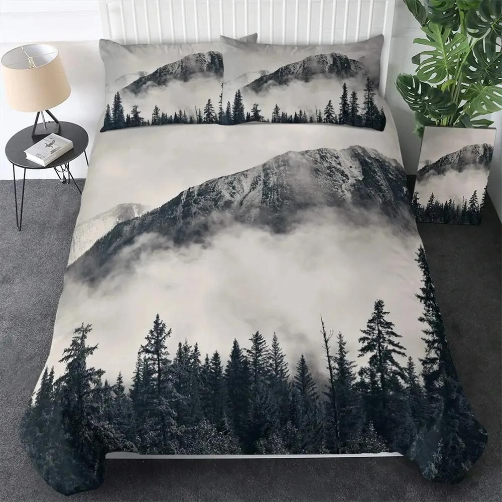 Smoky Mountain Duvet Cover Collection Misty Forest Bedding Collection Full Queen Size Grey Trees Natural Scenery Art Comforter Cover