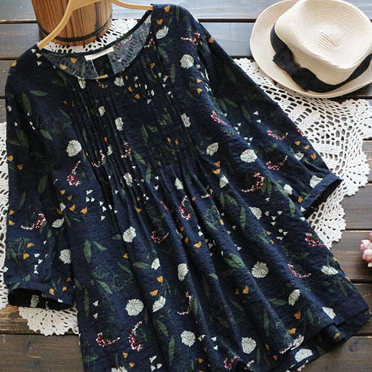 Plus Size S-5XL Women Fashion Floral Printed 3/4 Sleeve Shirt Loose Retro Color Shirt Ladies Blouse Tops