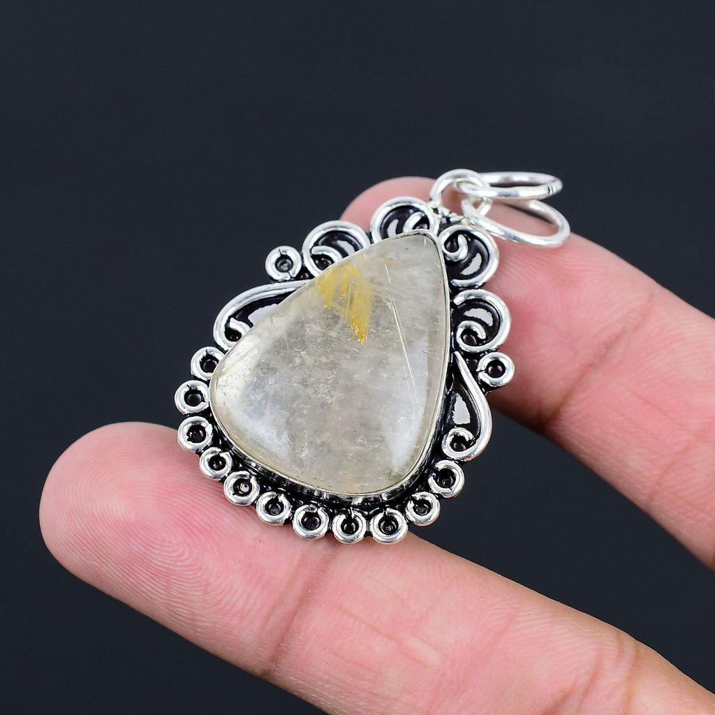 Pear Golden Rutile Gemstone 925 Sterling Silver Engagement Bezel Pendant Jewelry