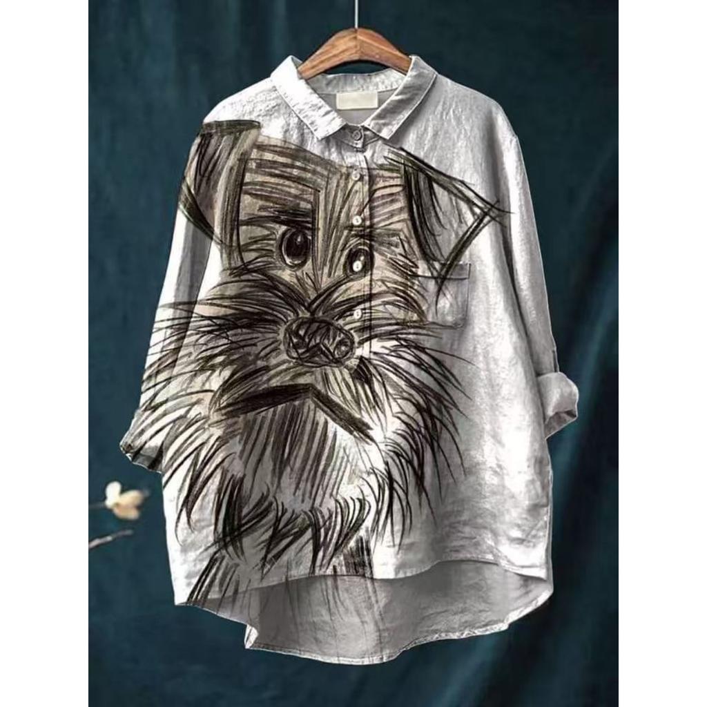 Ladies' Casual Loose Fit Floral Printed Button Up Shirt -Fish School Pattern