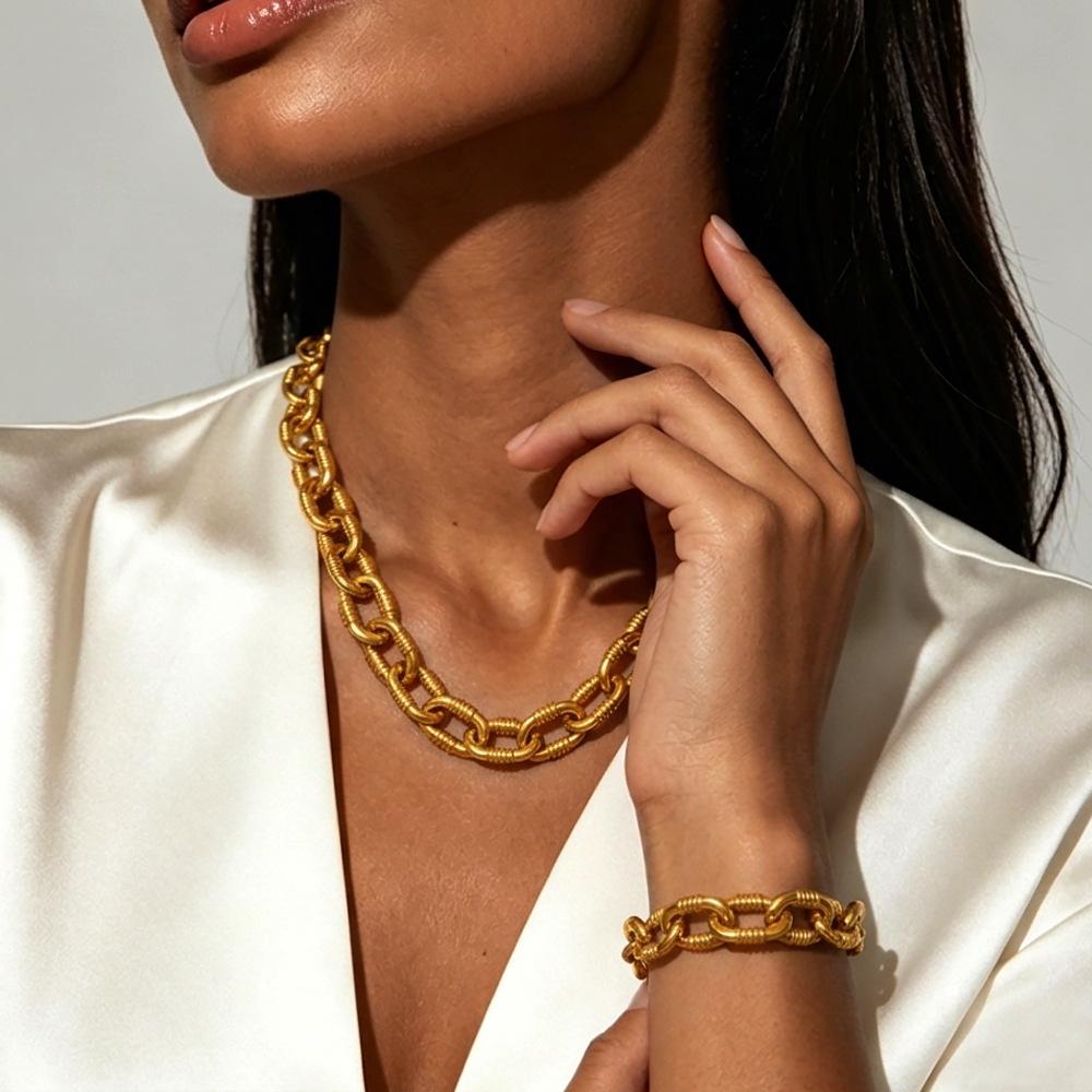 YueShi Punk Style Thick Chain Ring & Necklace Bracelet Set