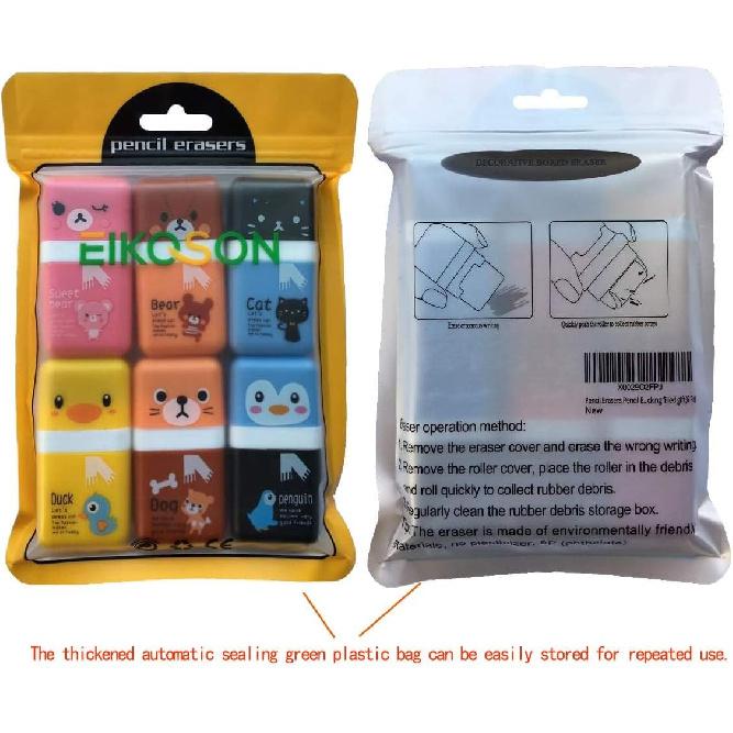 6 Pack of Pencil Erasers, Kids Eraser with Roller and Cover, Fun and Cute Animal Themed Eraser, Great Gift for Kid of Cute School Supplies