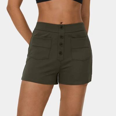 Spring and Summer Fashion Versatile Casual High Elastic Button Solid Colour Multi-pocket Shorts Women
