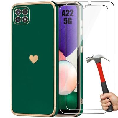 Case for Samsung Galaxy A22 5G - Night Green - Shockproof - Heart Pattern - 2 Tempered Glasses Included