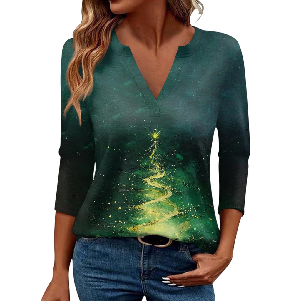 Women's Casual Fashionable Sexy Comfortable V-Neck Christmas Three-Quarter Sleeve Top
