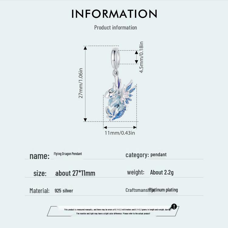 S925 Silver Dragon Pendant Beads: Original Blue Ziyun DIY Bracelet Accessory