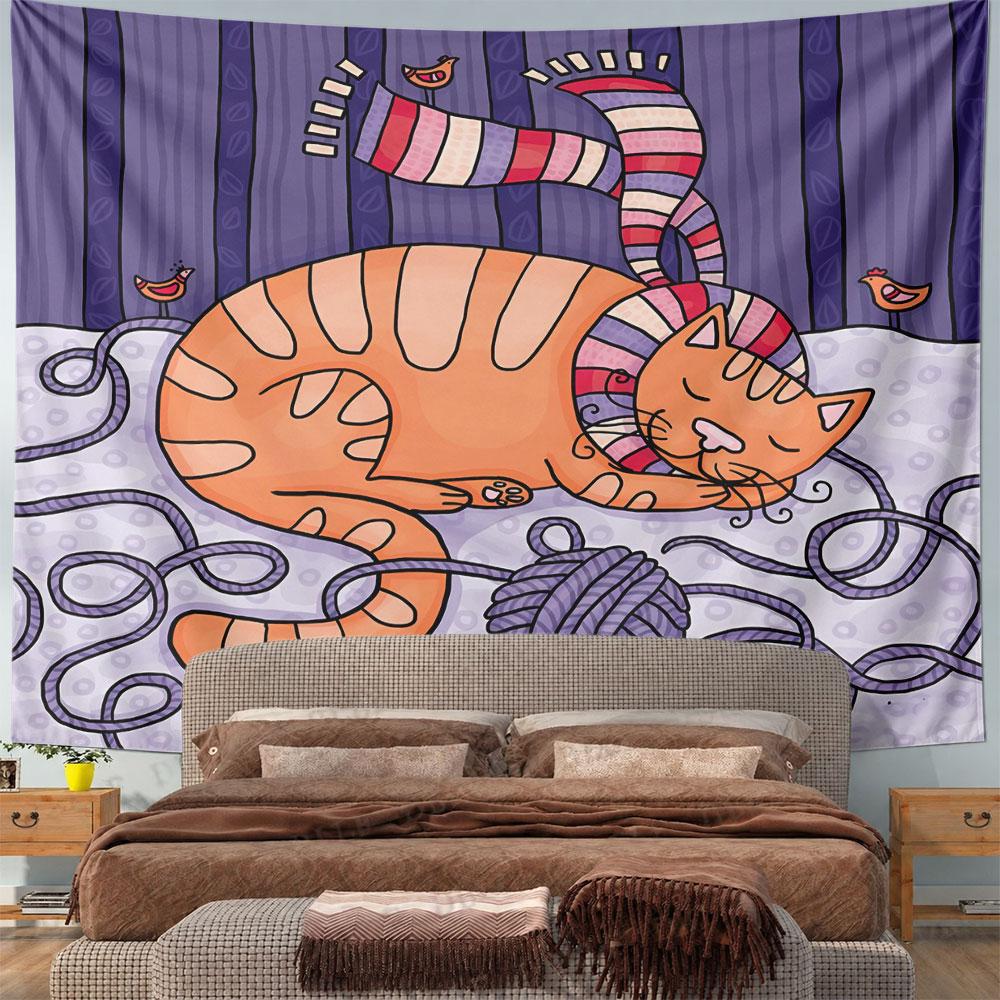 Orange Cat Sleeping Scarf Yarn Tapestry Wall Hanging Cute Kawaii Home Decor for Bedroom Living Room Gift