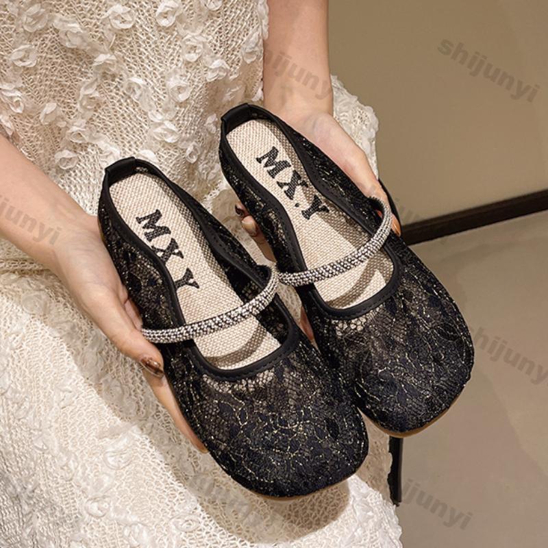 Women Shoes 2025 Summer New Breathable Mesh Non Slip Half Drag Shoes Outdoor Rhinestone Hollow Mary Jane Flat Sandals