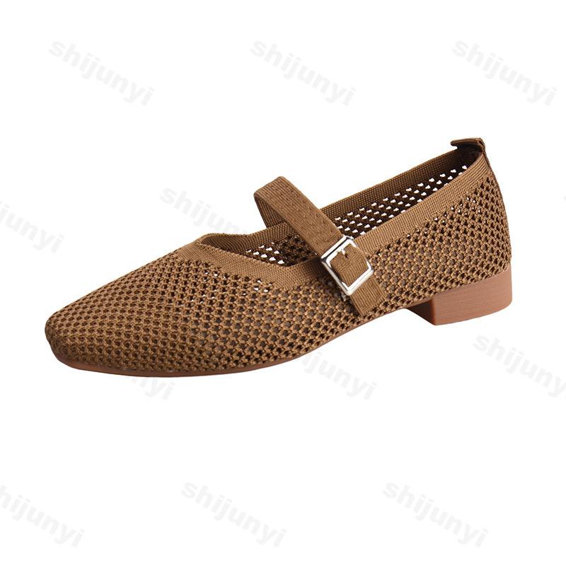 Fashion Women's Fly Weave Mesh Shoes Summer New Breathable Soft Sole Slip on Casual Shoes Lightweight Comfortable Buckle Strap Low Heels