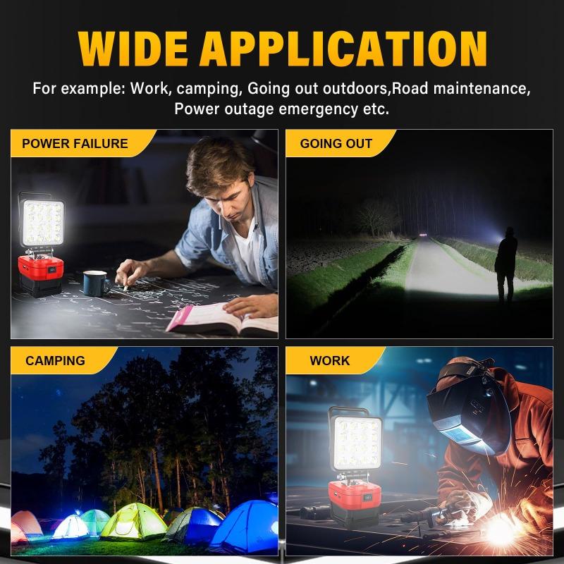 Portable LED Work Light Construction Site Floodlight for Makita/Milwaukee 18V Batteries with Dual USB Ports for Outdoor Camping