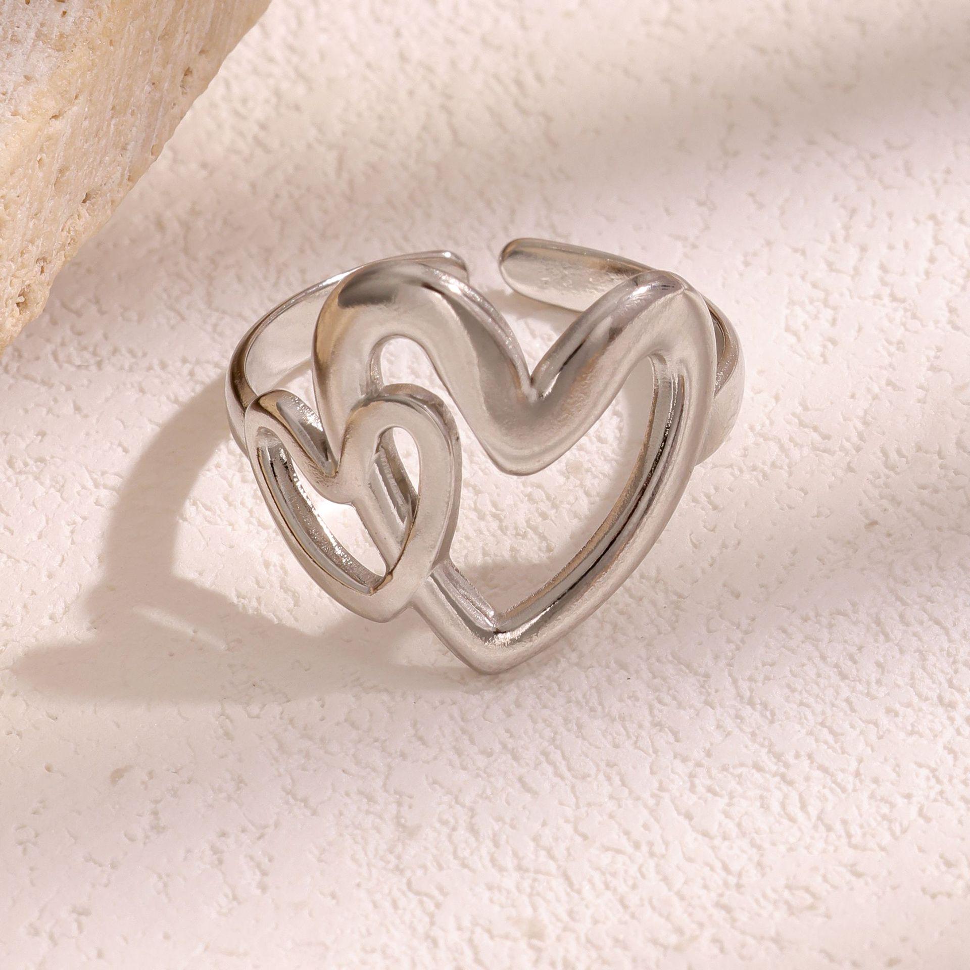 French Textured Heart Stainless Steel Adjustable Ring for Women Open Adjustable