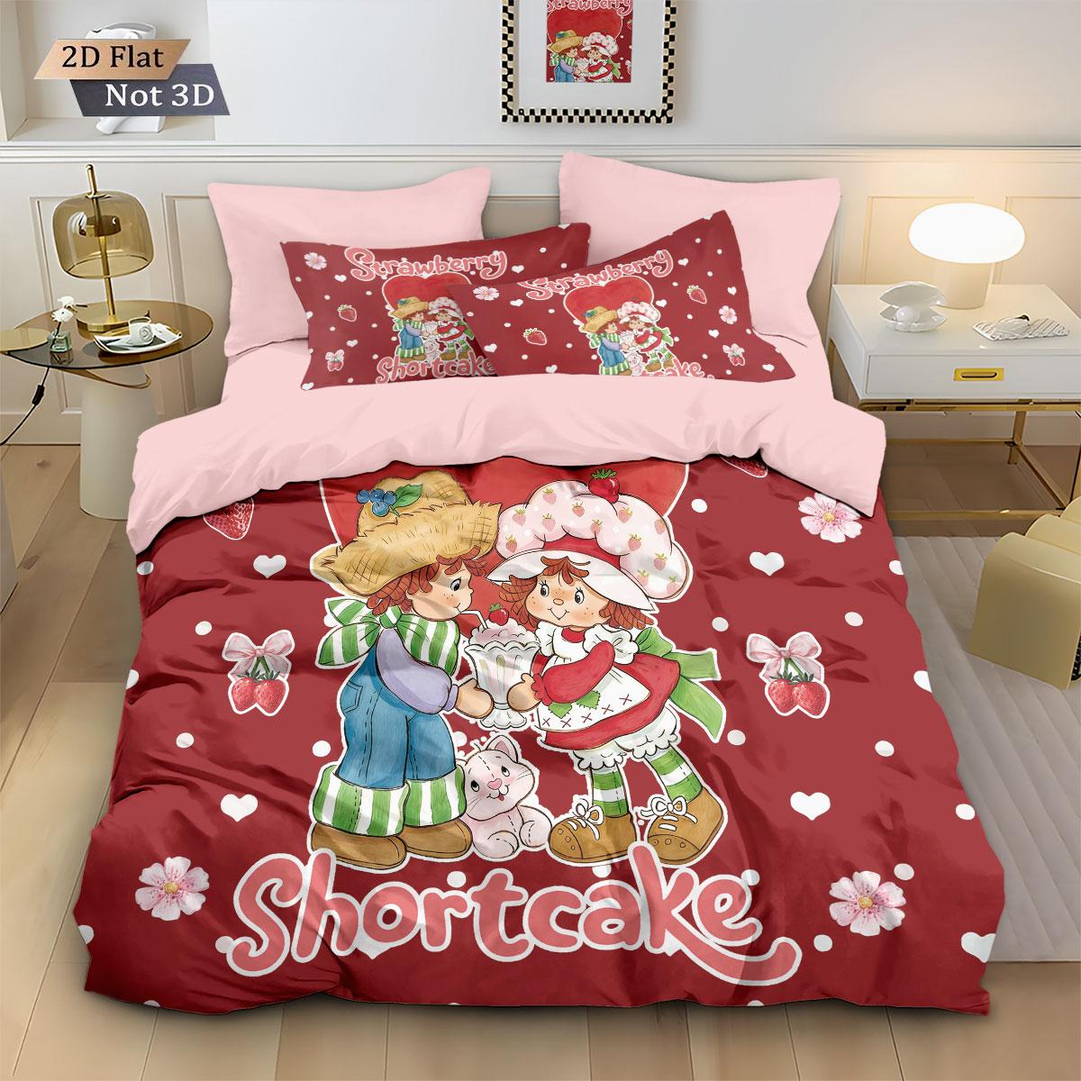 

3pcs Pink Strawberry Girl Printed Down Duvet Cover Set, Multi Size Bedroom Bedding Decoration, Machine Washable 135x200cm