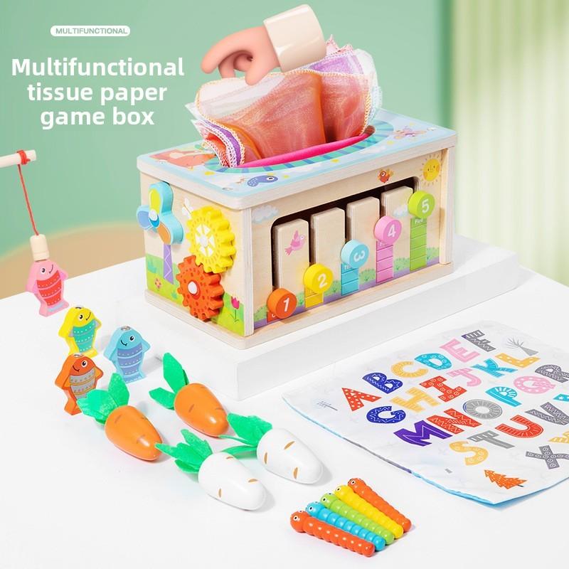 Tissue Wooden Paper Game Box Toy With Interactive Fishing Pulling Activities