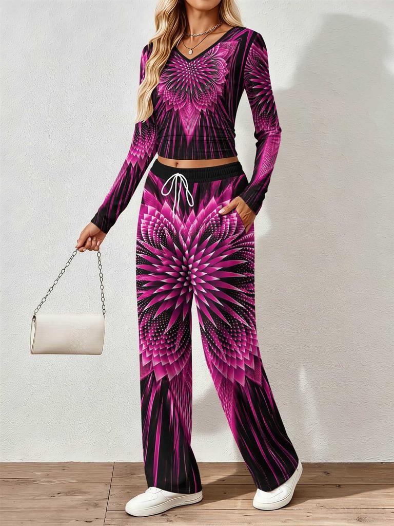 Floral pattern printed women's V-neck long-sleeved trousers set Comfortable casual versatile slim two-piece set