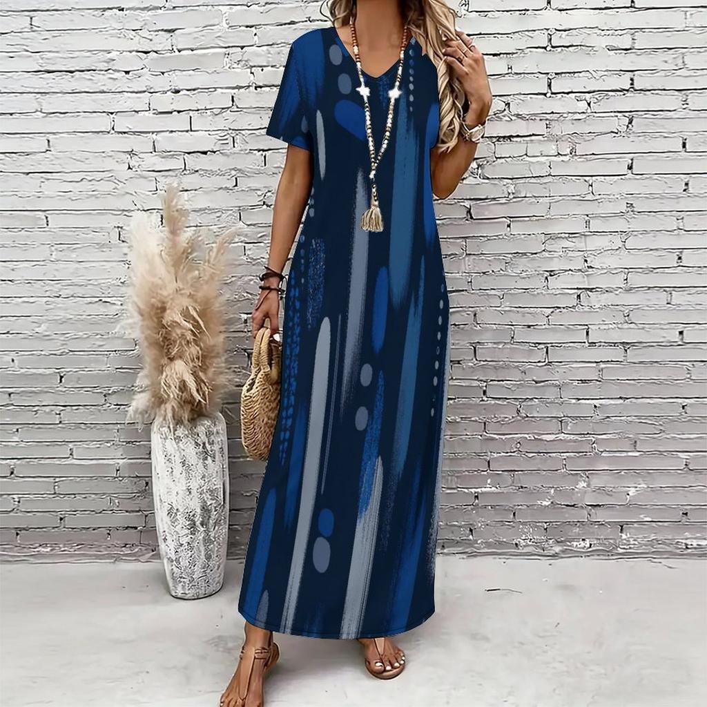 Women Plus Size V Neck Short Sleeve Printed Casual Straight Long Dress