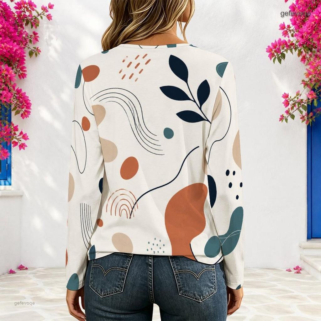 Women Plus Size V Neck Long Sleeve Eyelet Chain Lace Up Curved Hem Printed Top