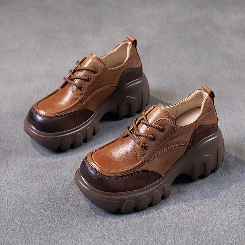 

Первый слой коровьей кожи повседневная обувь женская 2025 осень новая кожаная корейская версия универсальная шнуровка маффин платформа одинарная обувь женская обувь 40