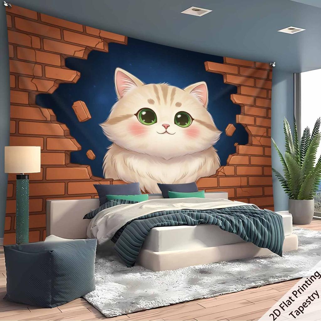 Cute Little Cat On the Wall Digital Printing Polyester Wall Tapestry Suitable for Use In Living Rooms Bedrooms Bars and Party