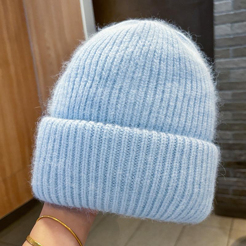 Winter angora rabbit fur warm solid color light board wool hat women's autumn and winter candy color vertical striped knitted hat