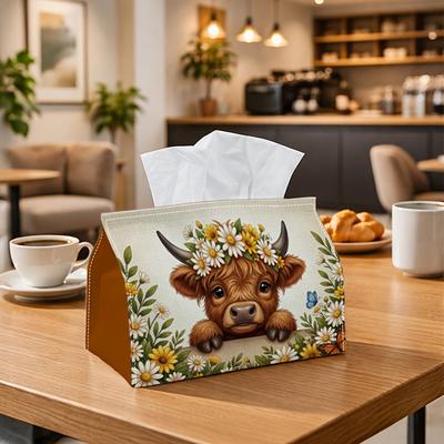 1 Stück Rustikale Bauernhaus-Taschentücherbox - Schottische Hochlandkuh Gänseblümchen Serviettenaufbewahrungsbox, Geeignet für Rollen/Gesichtstücher/Einzelblätter, Zwei Größen erhältlich