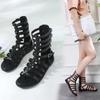 Fashion Back Zipper High Top Comfortable Summer Women's Sandals Peep Toed Narrow Band Hollow Out Roman Cool Boots Flat Shoe