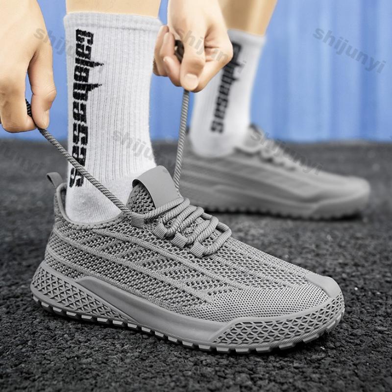 Men White Sneakers Summer Breathable Fly Weave Mesh Sports Running Shoes Lightweight Comfortable Fashion Cross Tied Casual Shoes