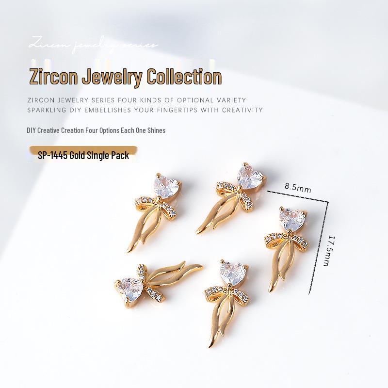 Gold & Silver Bow Heart Zircon Rhinestone Nail Art Jewelry