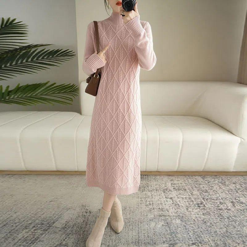 Half Turtleneck Sweater Dress for Women In Autumn and Winter Knee-length Sweater Long Dress Solid-colored Pullover Warm High-neck Knitted Dress
