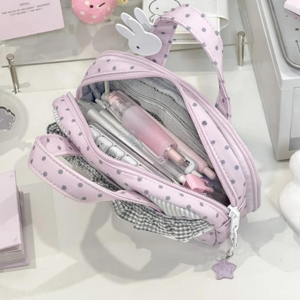Pink Plaid Polka Dot Pencil Case Large Capacity Multi-Layer Pen Pouch for Middle School Girls Handheld Stationery Organizer