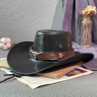 Hat Vintage Cowboy Sun Shade Sunscreen Hat Cow Head PU Leather Hat