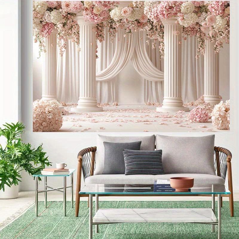 1pc floral elegant wedding background, romantic pink roses and elegant white columns, polyester wedding decorations