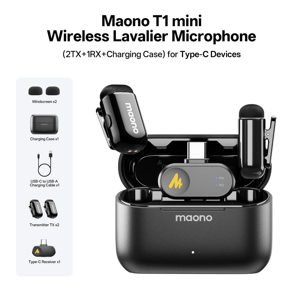 MAONO T1 Mini Wireless Lavalier Microphone Lapel Mini Mic Pro Sound for iPhone 16/15 Android Tablet and PC with AI Noise Cancellation Auto Clipping