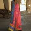 Women's Fashion Casual Button-down Sleeved Jumpsuit Retro Color Block Stitching Printed Cotton Pocket Jumpsuit