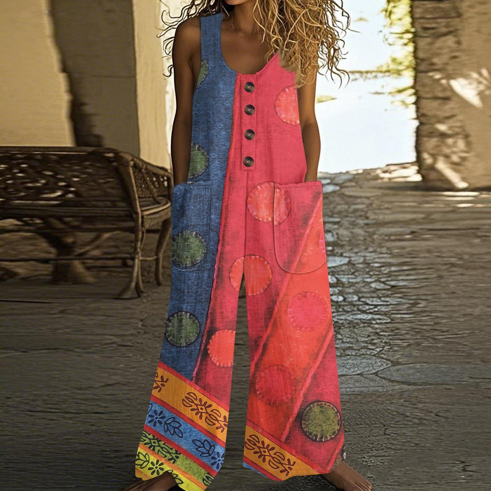 

Женский модный повседневный комбинезон на пуговицах с рукавами, ретро-комбинезон из хлопка с цветными блоками и карманами XXL