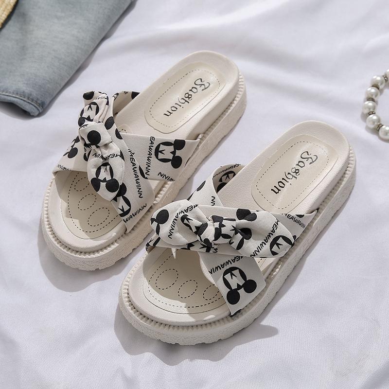 thick-soled bow-tie cool slippers female summer new fairy wind wear versatile soft-soled cross beach sandals