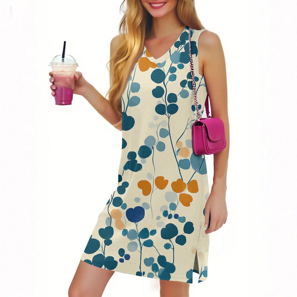 Damen Casual Fashion Sexy V-Ausschnitt Ärmelloses Kleid mit Blumendruck und Schlitz am Saum