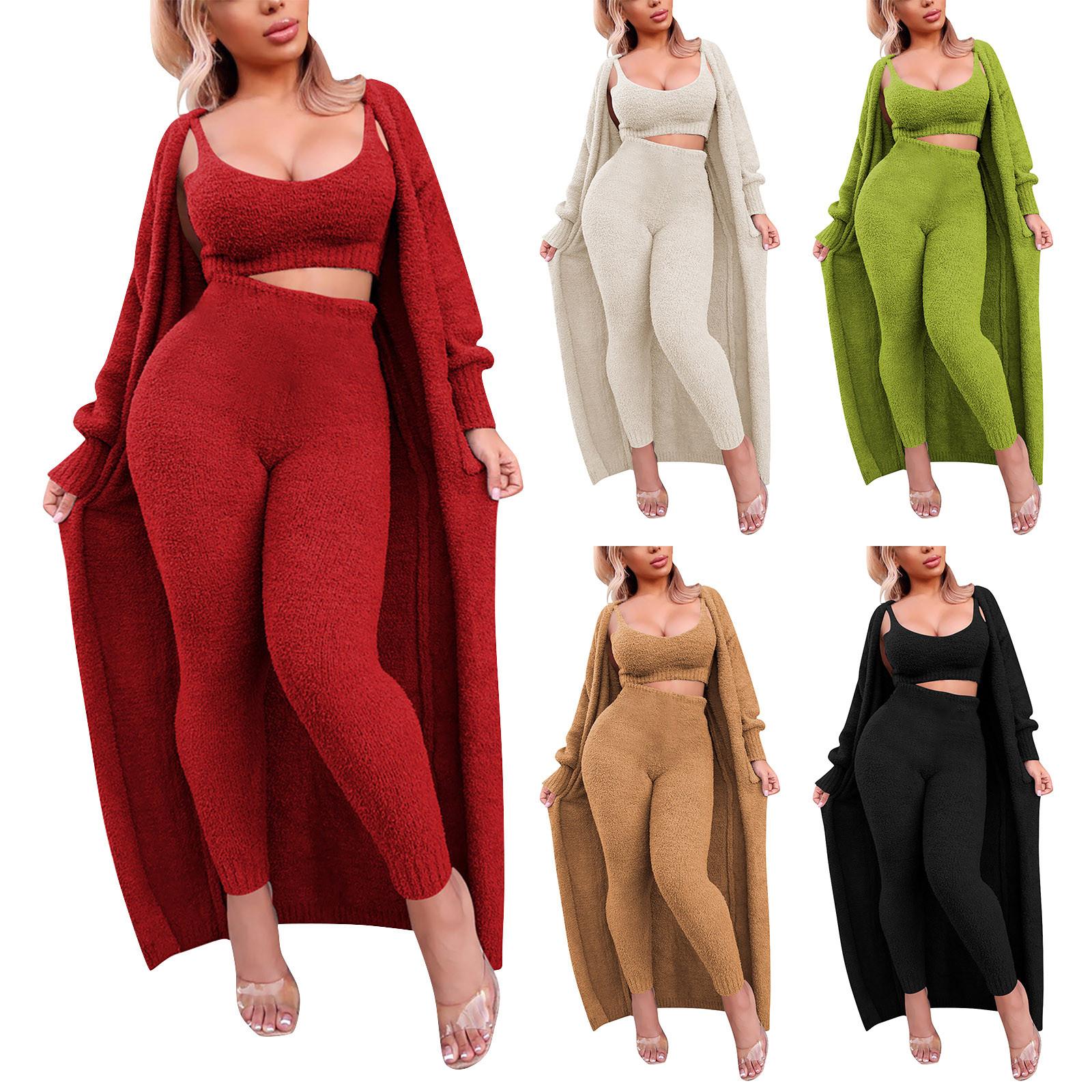 

Женская мода Повседневная сплошная подтяжка Кардиган Брюки Костюм