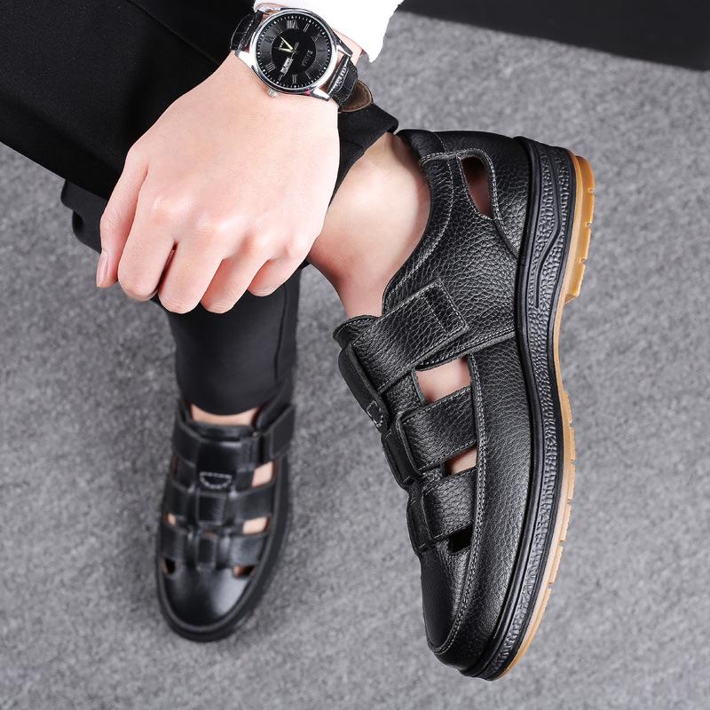 Men's Genuine Leather Breathable Summer Sandals - Large Size, Closed Toe, Perforated Cowhide Beach Shoes