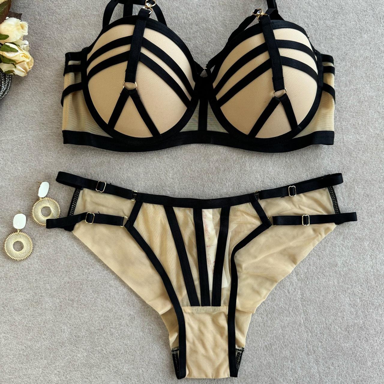 

Сексуальные комплекты нижнего белья для женщин, бандажные трусики BCD Cup Push Up Brassiere Panty Everyday Intimates 85D абрикосовый/чёрный