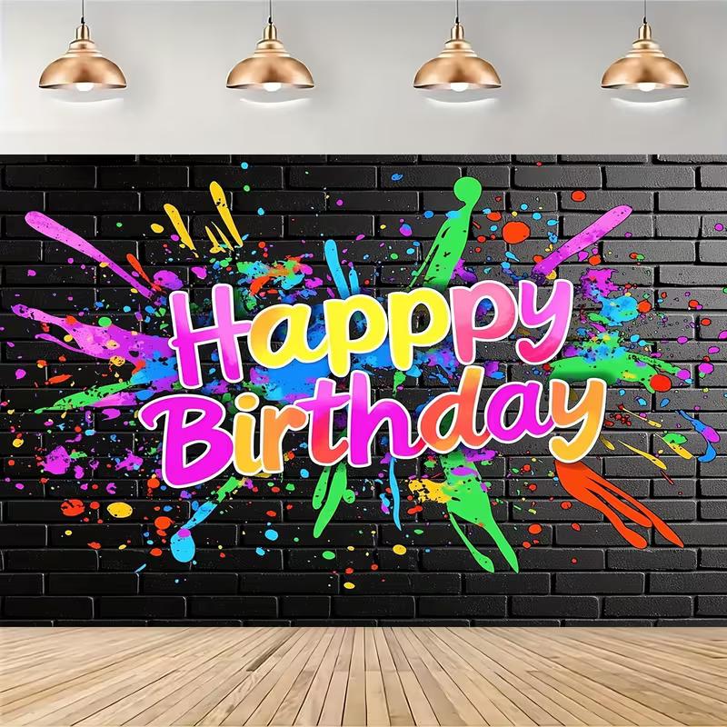 2D Colorful Paint Splatter Happy Birthday Backdrop Banner, Black Brick Wall Style