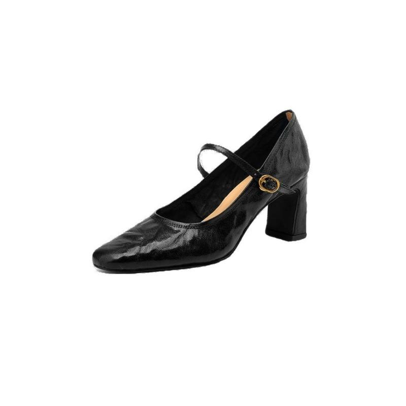 Retro high-heeled women's shoes autumn new sheepskin one-word buckle with thick heel black leather Mary Jane shoes