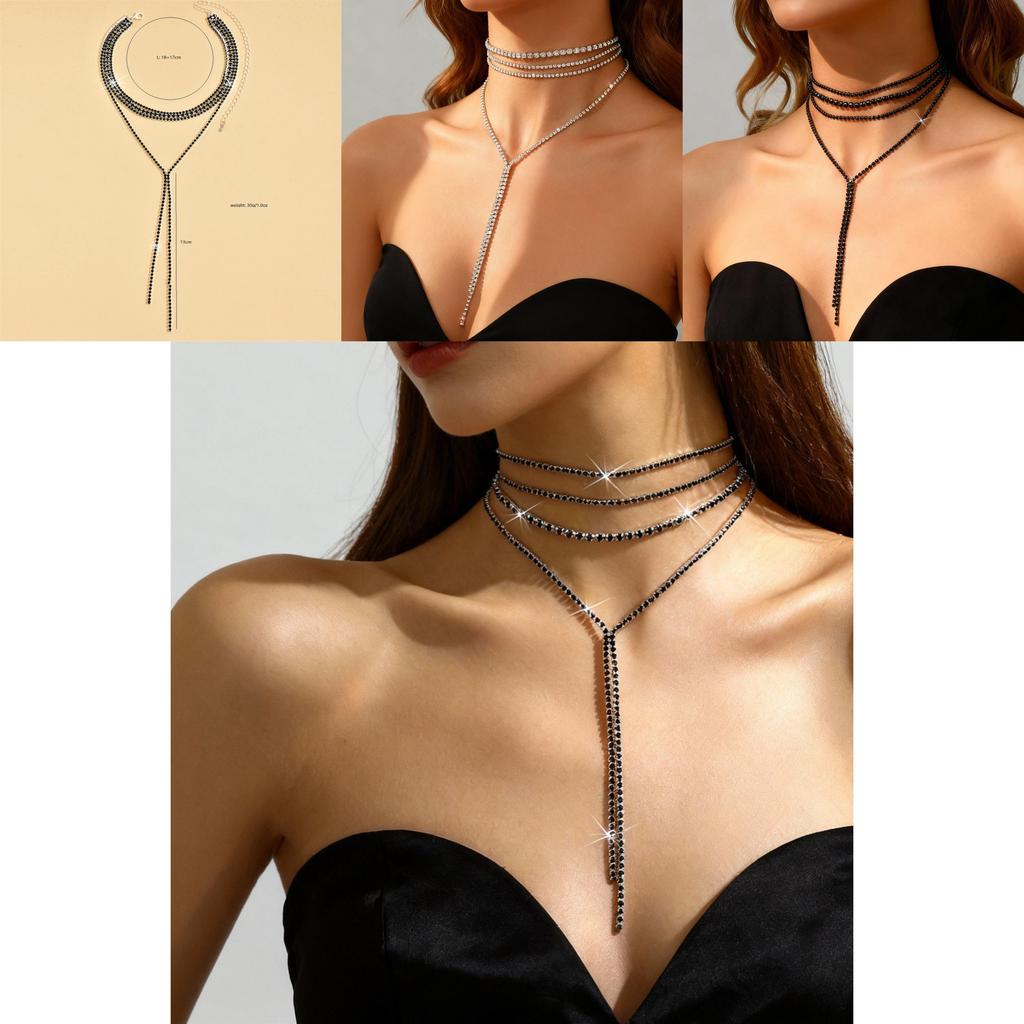 Black Silver Plated Layered Necklace With Shine Cubic Zirconia Stones For Elegant Women