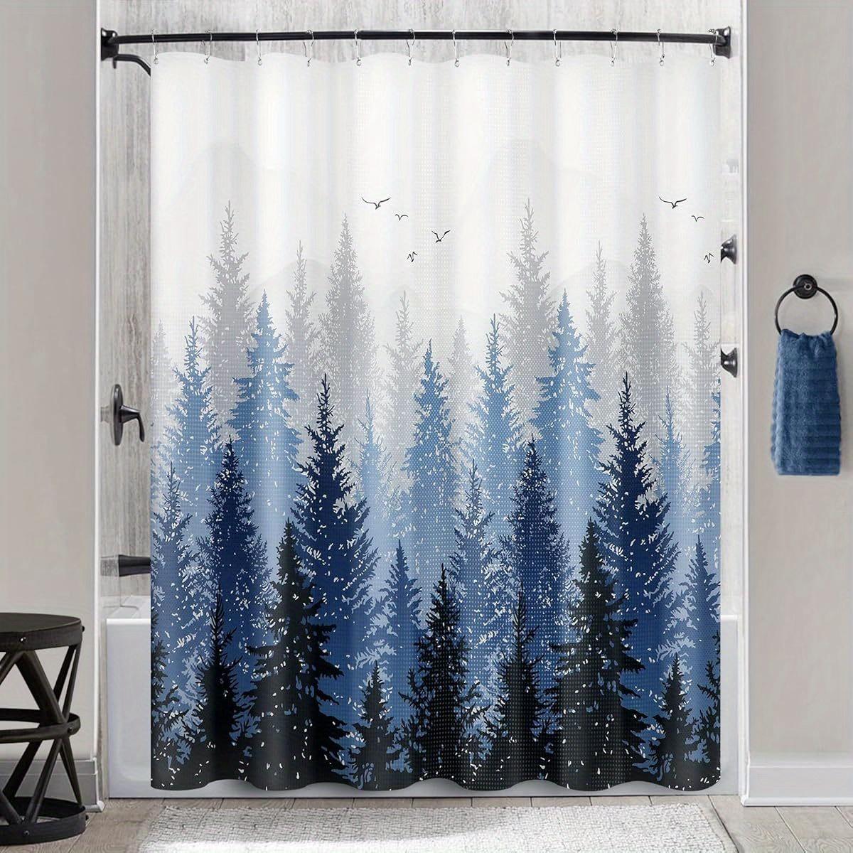 

1Pc Blue Misty Forest Mountains Natural Trees Fabric Shower Curtain For Bathroom High Quality Durable Navy Blue And White W60H190(CM)-1 Pcs