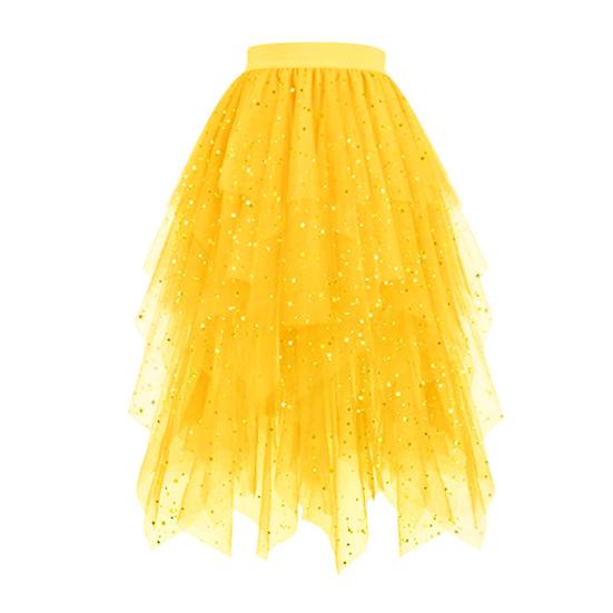 Damenrock Sternenhimmelmuster Doppellagig Mesh Hoher Bund Rock mit unregelmäßigem Saum Asymmetrisch Hoher Schlitz Party Auftrittsrock