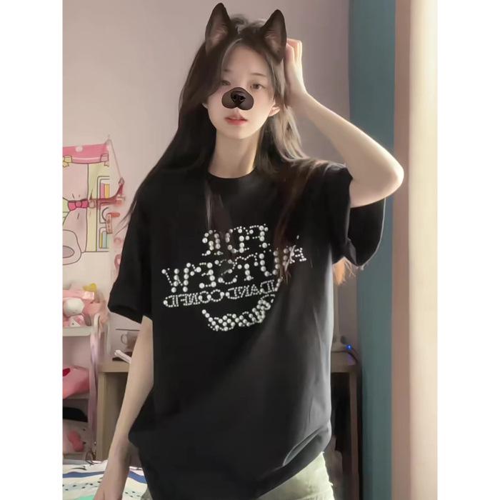 

Женская черная хлопковая футболка с ретро-бусинами из жемчуга - Тренд лета 2025 XXL чёрный