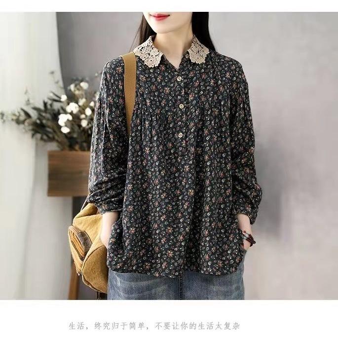 Women's Long Sleeve Blouse Polo Collar Vintage Floral Print Loose Fit Casual Shirt Top